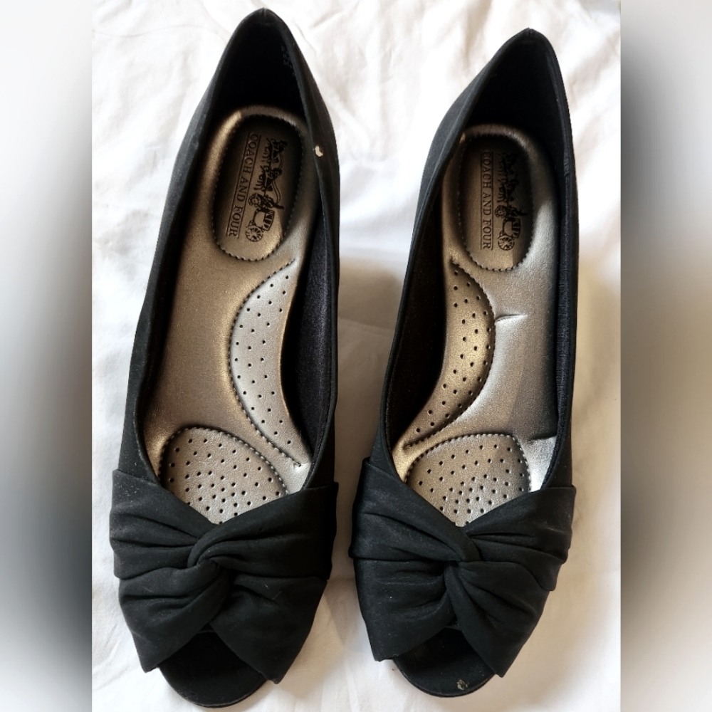 Black, peep-toe, low heels by Coach and Four, size 6